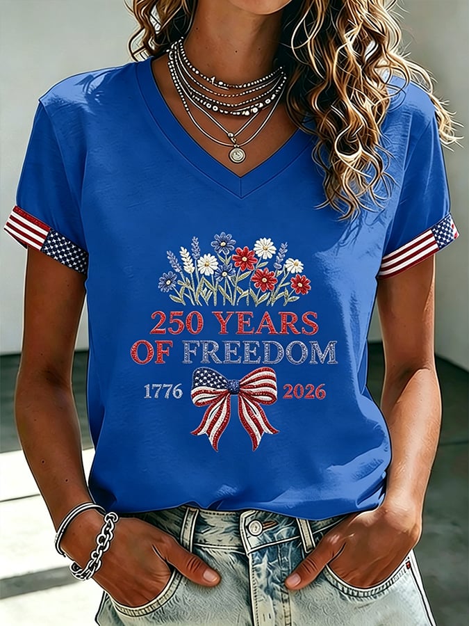 Women's 250 Years Of Freedom Flower Art Print V Neck T-shirt-America250