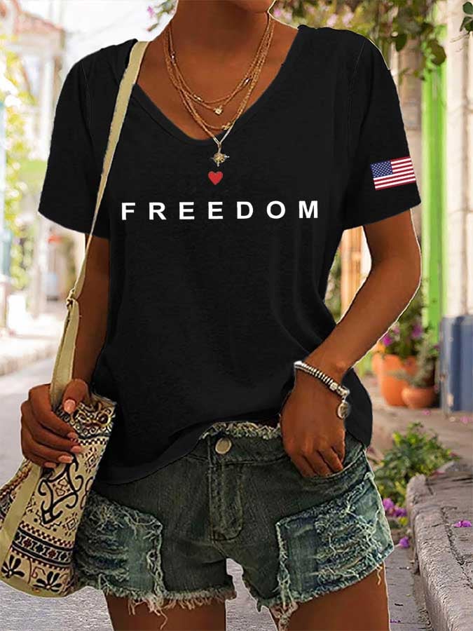 Women's freedom Print V-Neck T-Shirt-America250