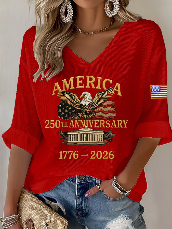 Women's Bald Eagle US Flag America 250th Birthday Print V-Neck Top-America250