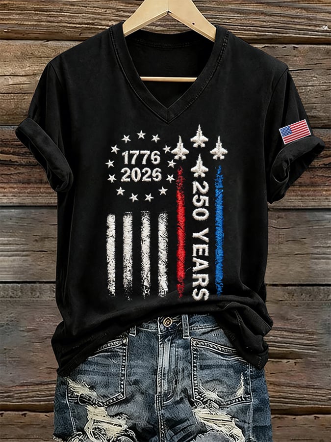 Women's 250 Years Of Freedom Print V Neck T-shirt-America250