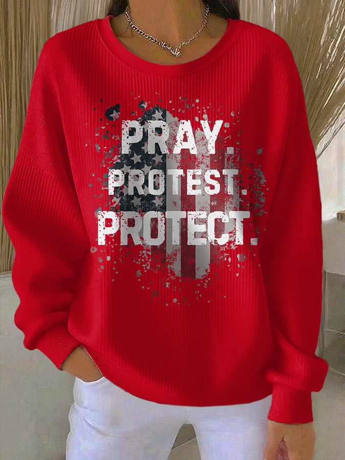 Retro Pray Protest Protect Print Round Neck Sweatshirt-America250