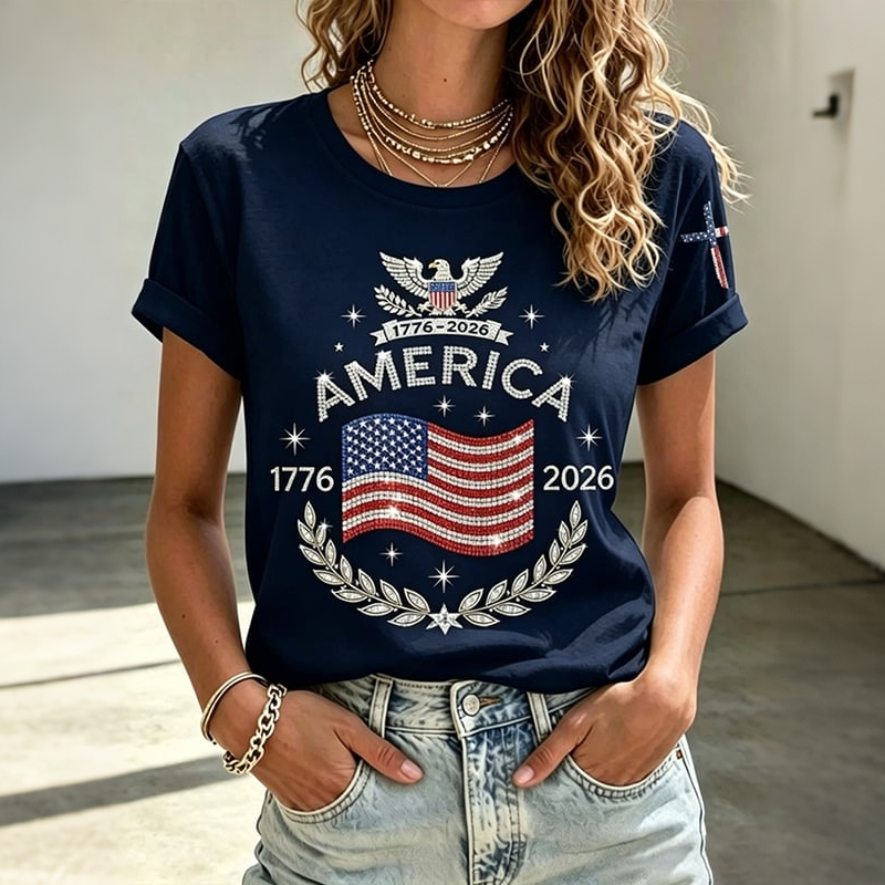 Women's Anniversary Flag Hot Diamond Print Casual T-shirt-America250