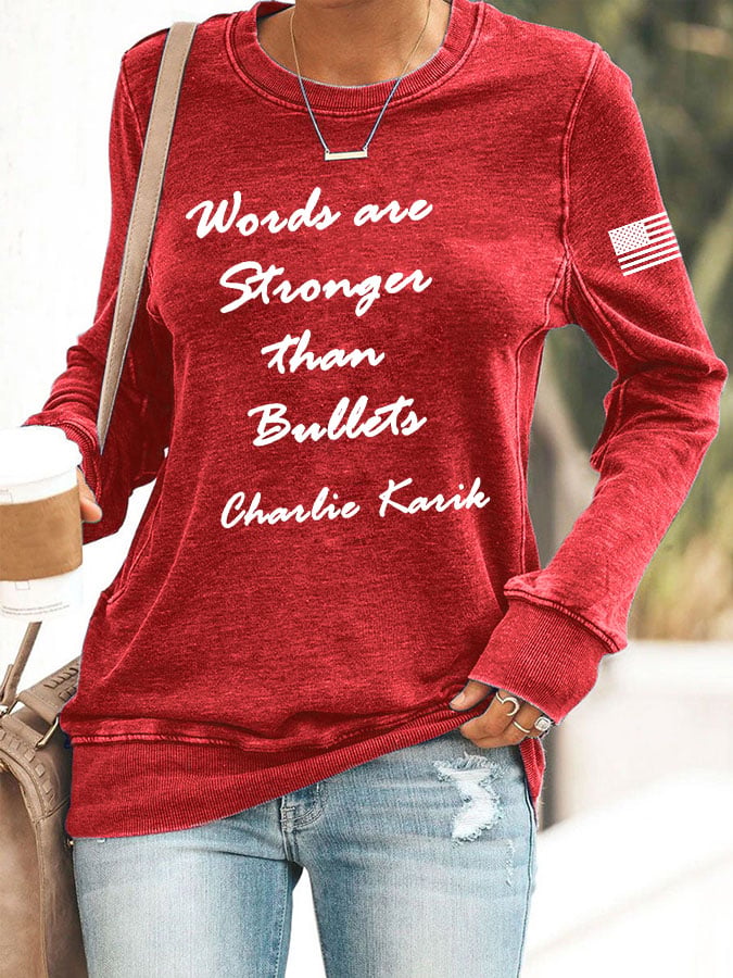 Women's Words Are Stronger Than Bullets Print Round Neck Sweatshirt-America250