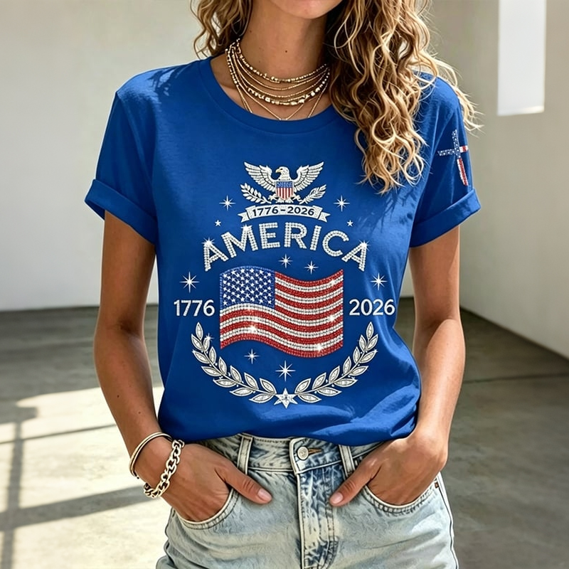 Women's Anniversary Flag Hot Diamond Print Casual T-shirt-America250