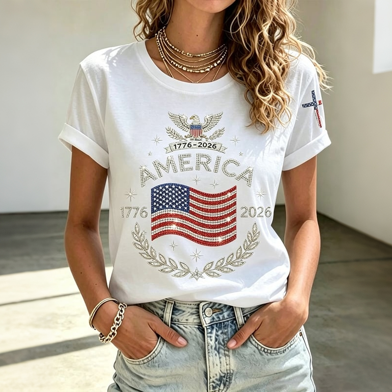 Women's Anniversary Flag Hot Diamond Print Casual T-shirt-America250