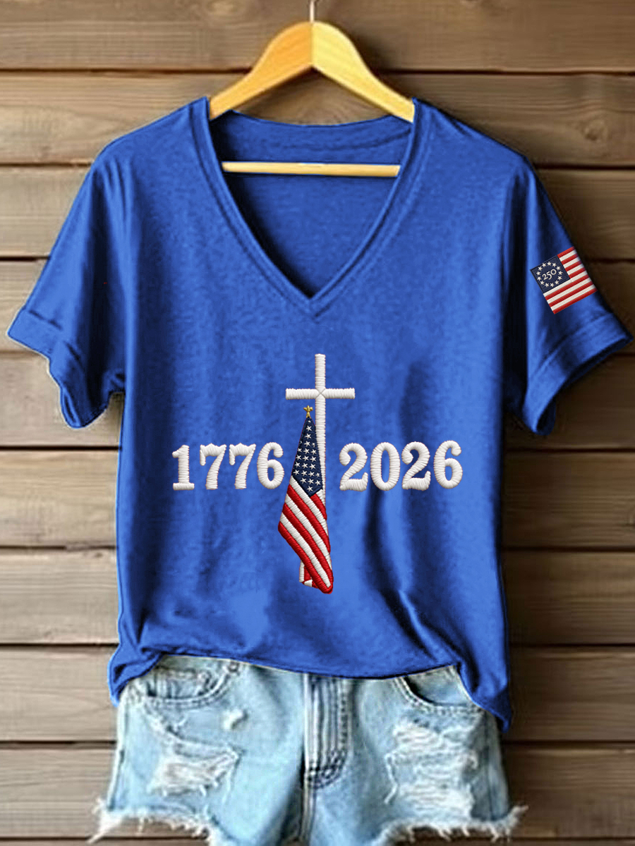Women's 250th Anniversary Embroidered V-Neck T-Shirt-America250