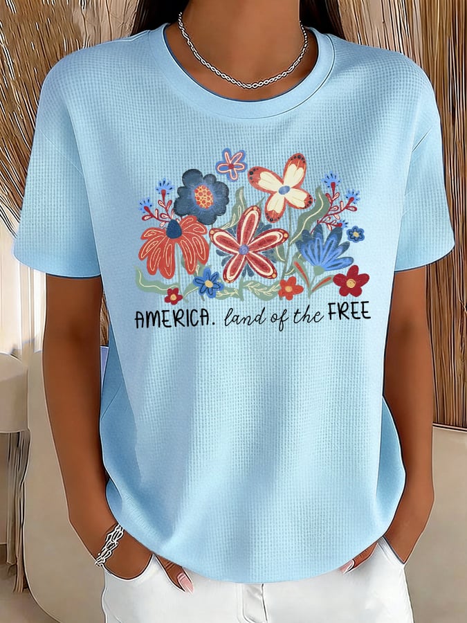Women's Casual American Floral 250th Anniversary Waffle T-Shirt-America250