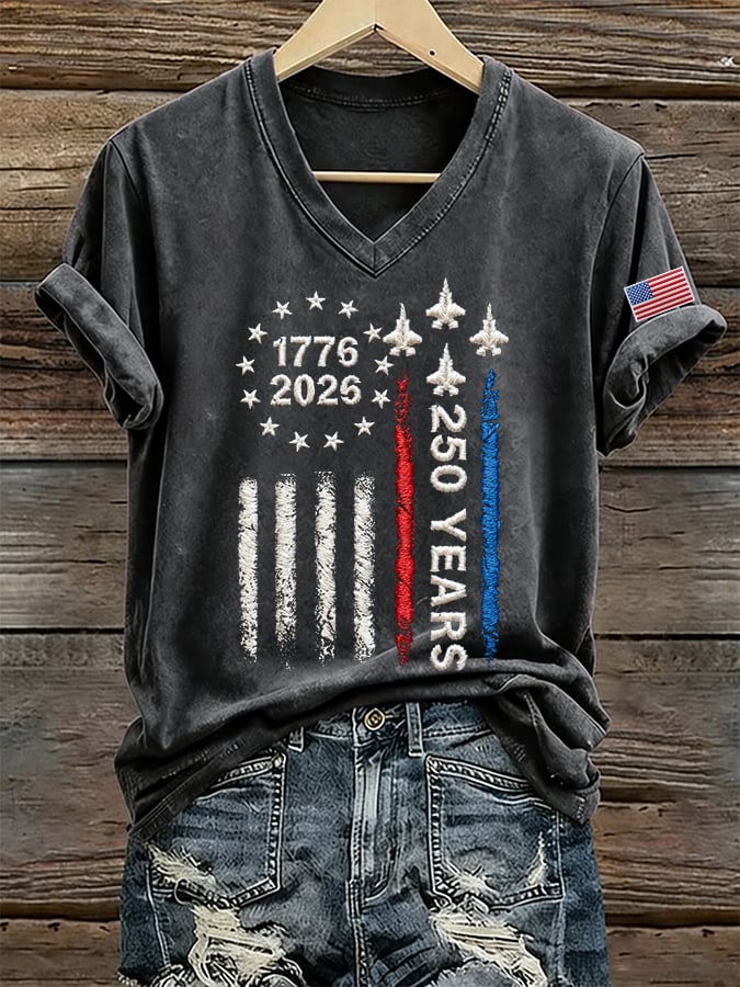 Women's 250 Years Of Freedom Print V Neck T-shirt-America250