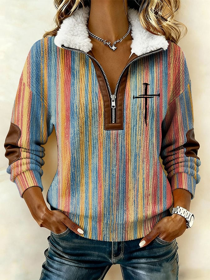 Women's Casual Retro Print Patchwork Fur Collar Long Sleeve Sweatshirt-America250