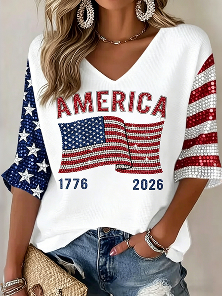 Women's Flag Art Three-quarter Sleeve V Neck Linen Tops-America250