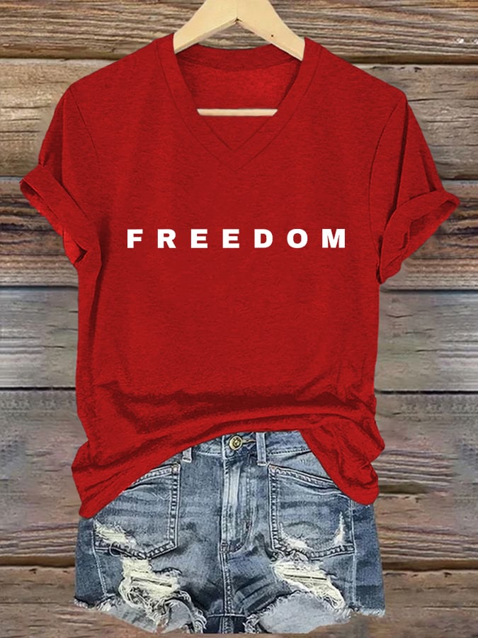 Women's Freedom Print V Neck T-shirt-America250