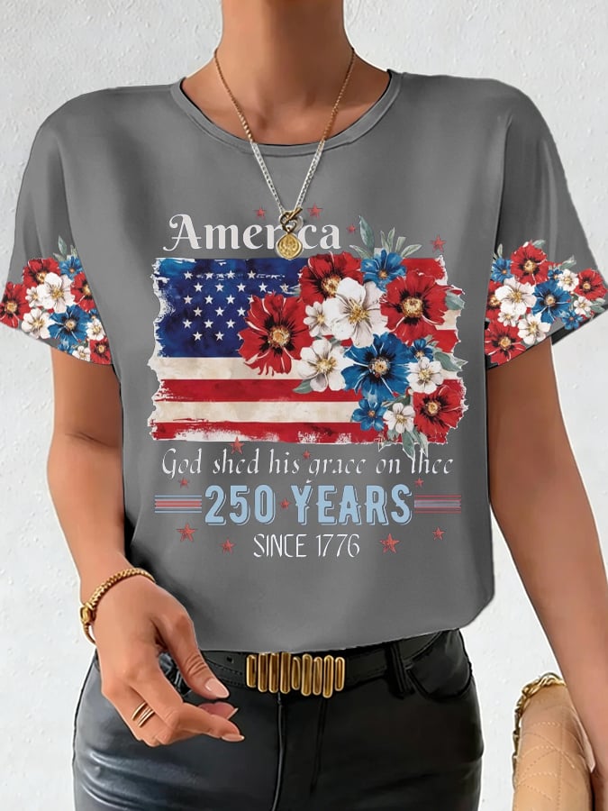 Women's 250th Anniversary National Flag Floral Print Casual T-Shirt-America250