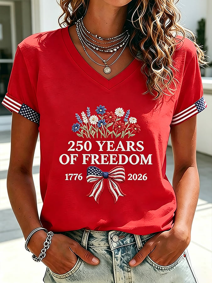 Women's 250 Years Of Freedom Flower Art Print V Neck T-shirt-America250