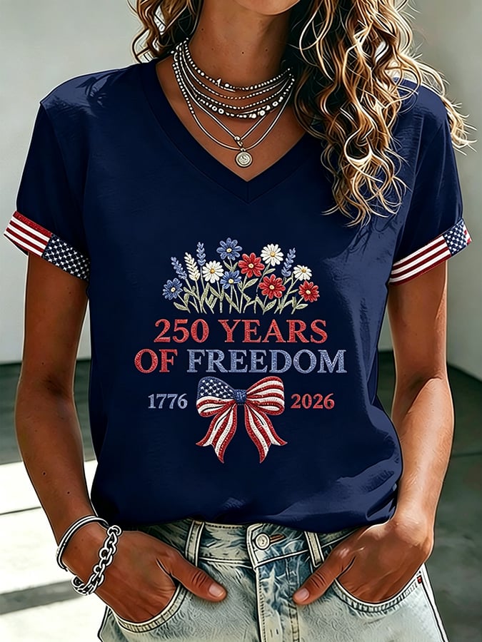 Women's 250 Years Of Freedom Flower Art Print V Neck T-shirt-America250