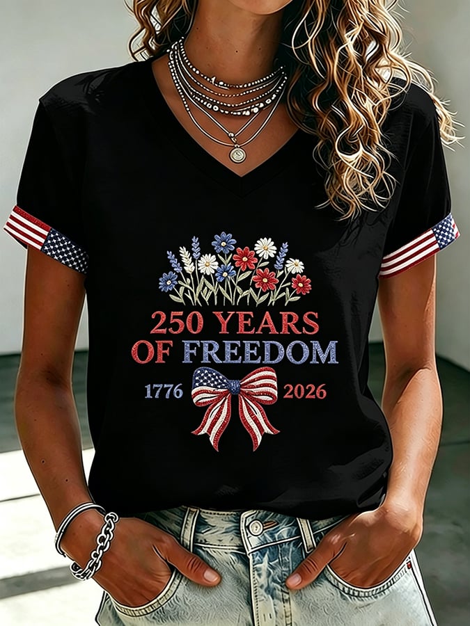 Women's 250 Years Of Freedom Flower Art Print V Neck T-shirt-America250