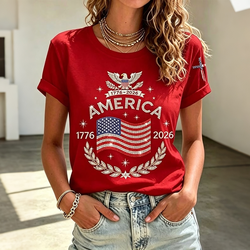 Women's Anniversary Flag Hot Diamond Print Casual T-shirt-America250
