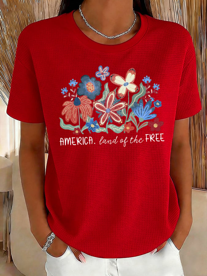 Women's Casual American Floral 250th Anniversary Waffle T-Shirt-America250