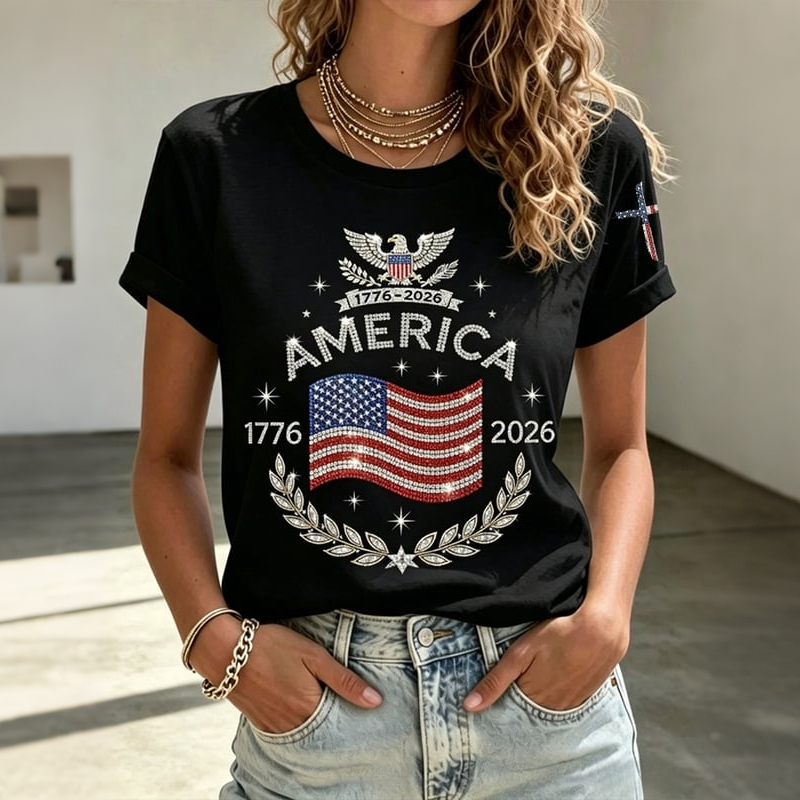 Women's Anniversary Flag Hot Diamond Print Casual T-shirt-America250