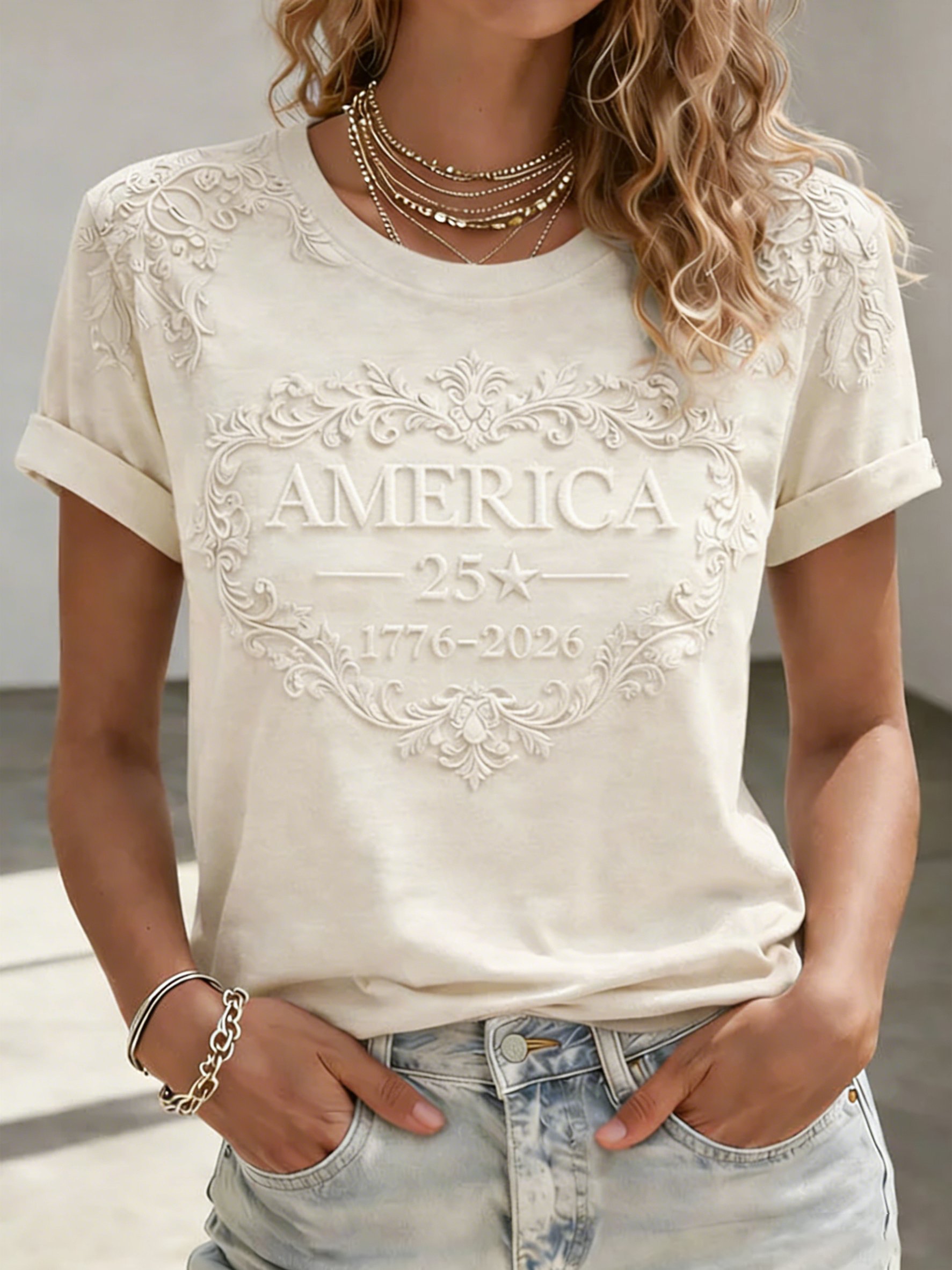 Women's Casual American 250th Anniversary Printed Short-Sleeve T-Shirt-America250