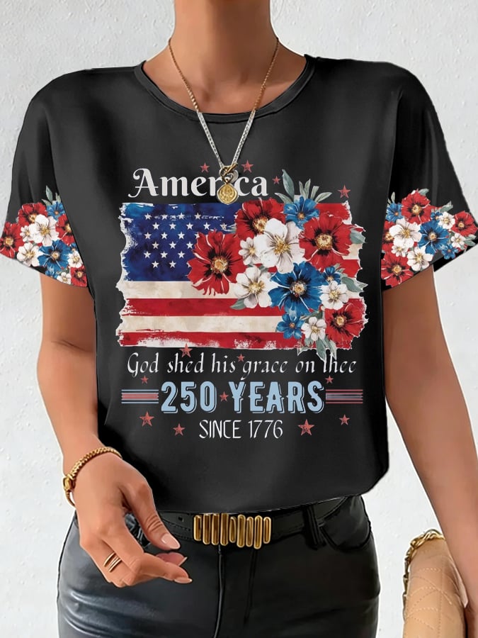 Women's 250th Anniversary National Flag Floral Print Casual T-Shirt-America250