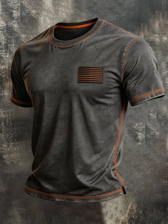 Men's Vintage-Style Washed Cotton T-Shirt with Contrast Stitching-America250
