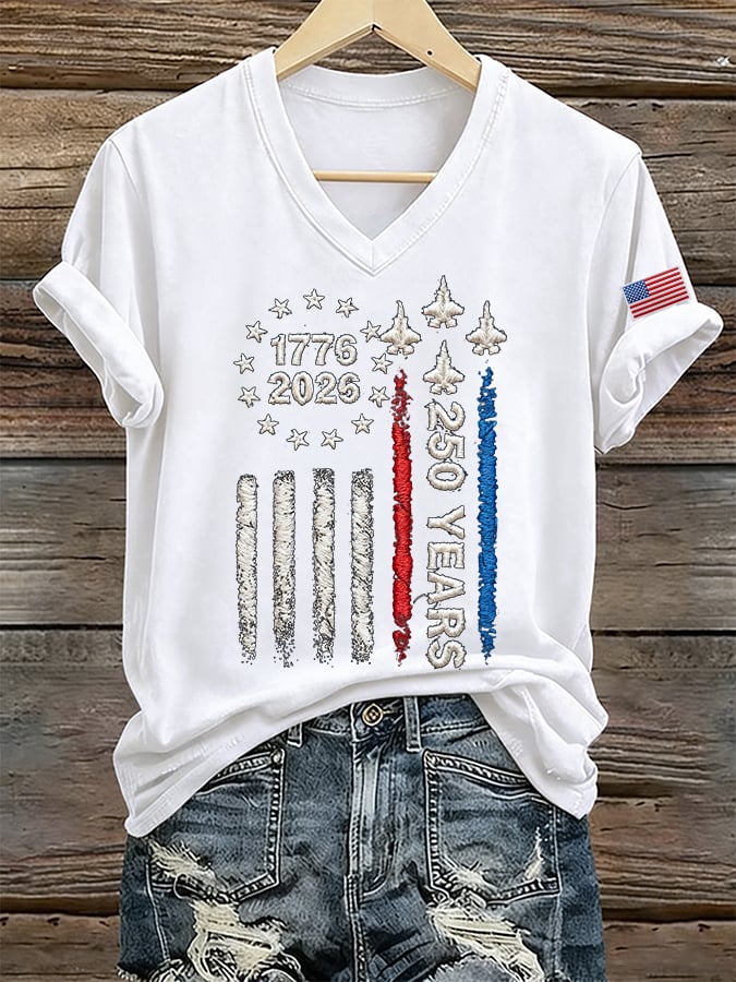 Women's 250 Years Of Freedom Print V Neck T-shirt-America250