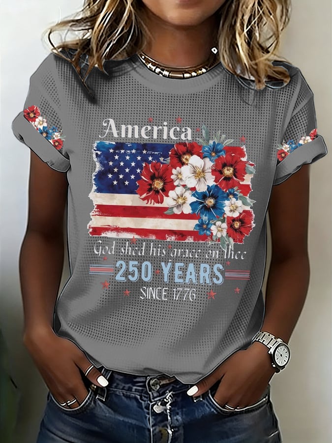 Women's 250th Anniversary National Flag Floral Print Casual Waffle T-shirt-America250