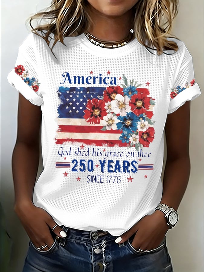 Women's 250th Anniversary National Flag Floral Print Casual Waffle T-shirt-America250