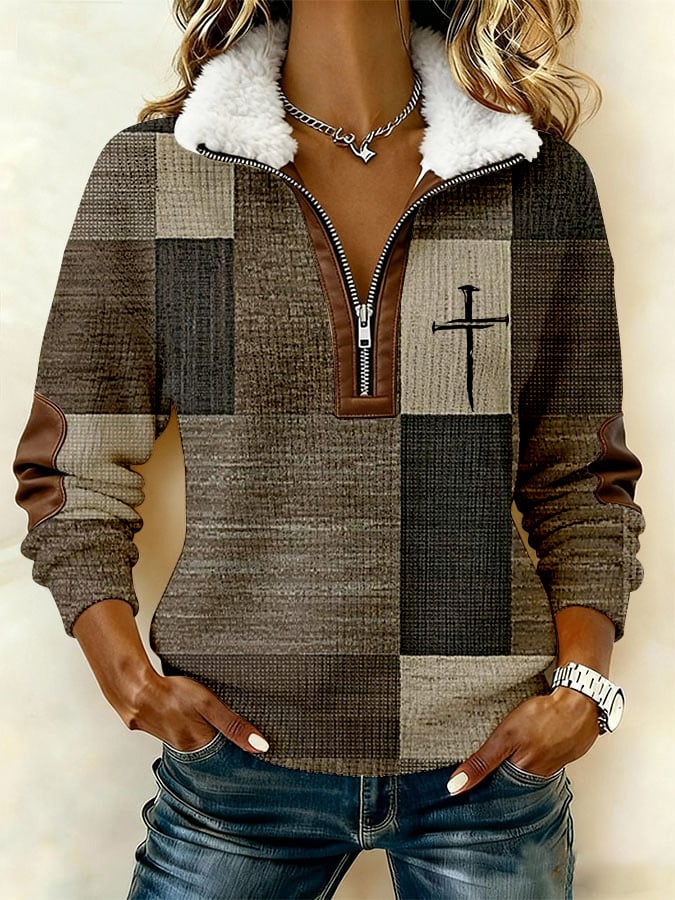 Women's Casual Retro Faith Print Patchwork Fur Collar Long-Sleeve Sweatshirt-America250