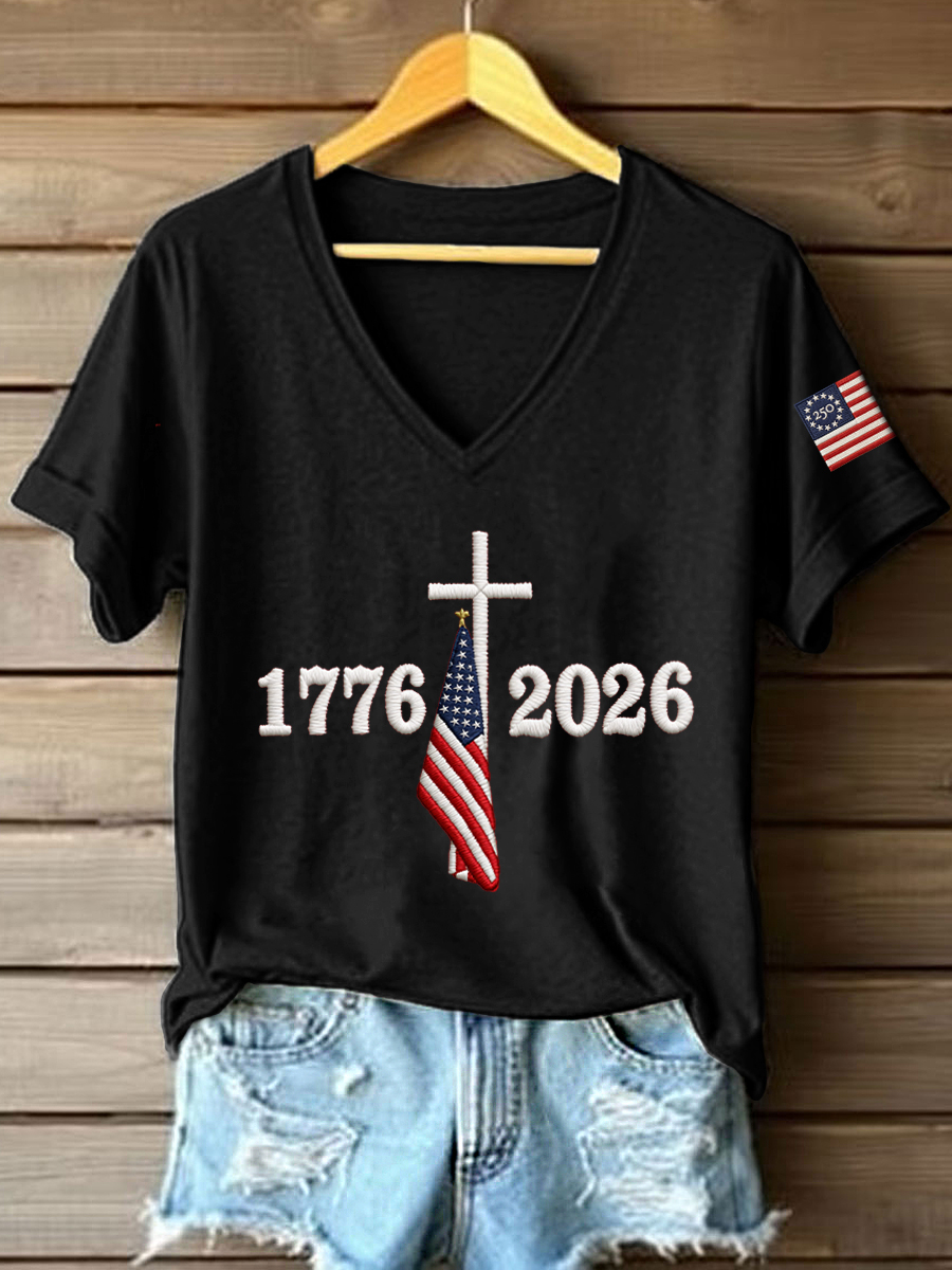 Women's 250th Anniversary Embroidered V-Neck T-Shirt-America250