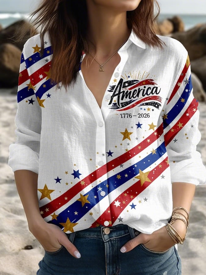 Women's Heart Printed Cotton and Linen Casual Lapel Shirt-America250