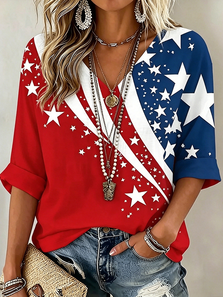 Women's  Flag Art Three-quarter Sleeve V Neck Linen Tops-America250