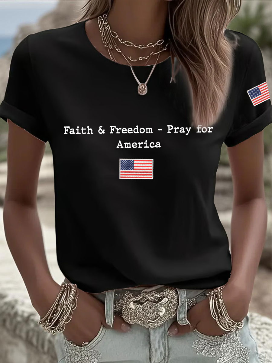 Women's Faith & Freedom Pray for America Printed Casual T-shirt-America250