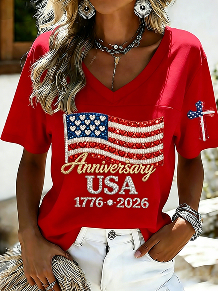 Women's Usa Anniversary Print V-neck T-shirt-America250