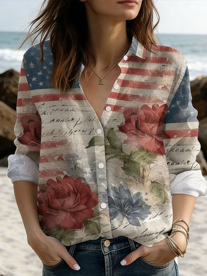 Women's Retro 250th Anniversary Print Casual Collared Shirt-America250