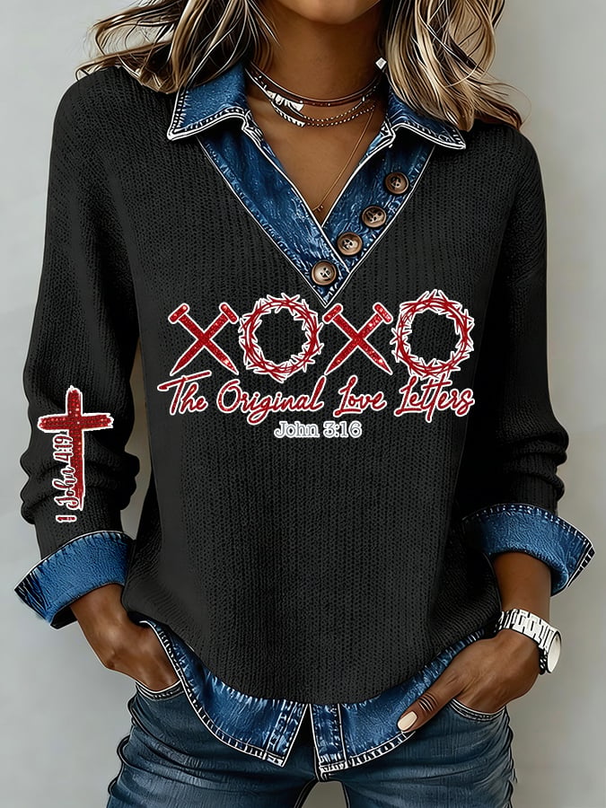 Women's Valentine's Day Faith Comfortable V-neck Four-button Collar Sweatshirt-America250
