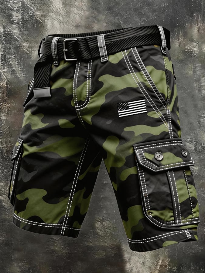 Men's Retro Camo Distressed Pocket Cargo Shorts (Belt Not Included)-America250