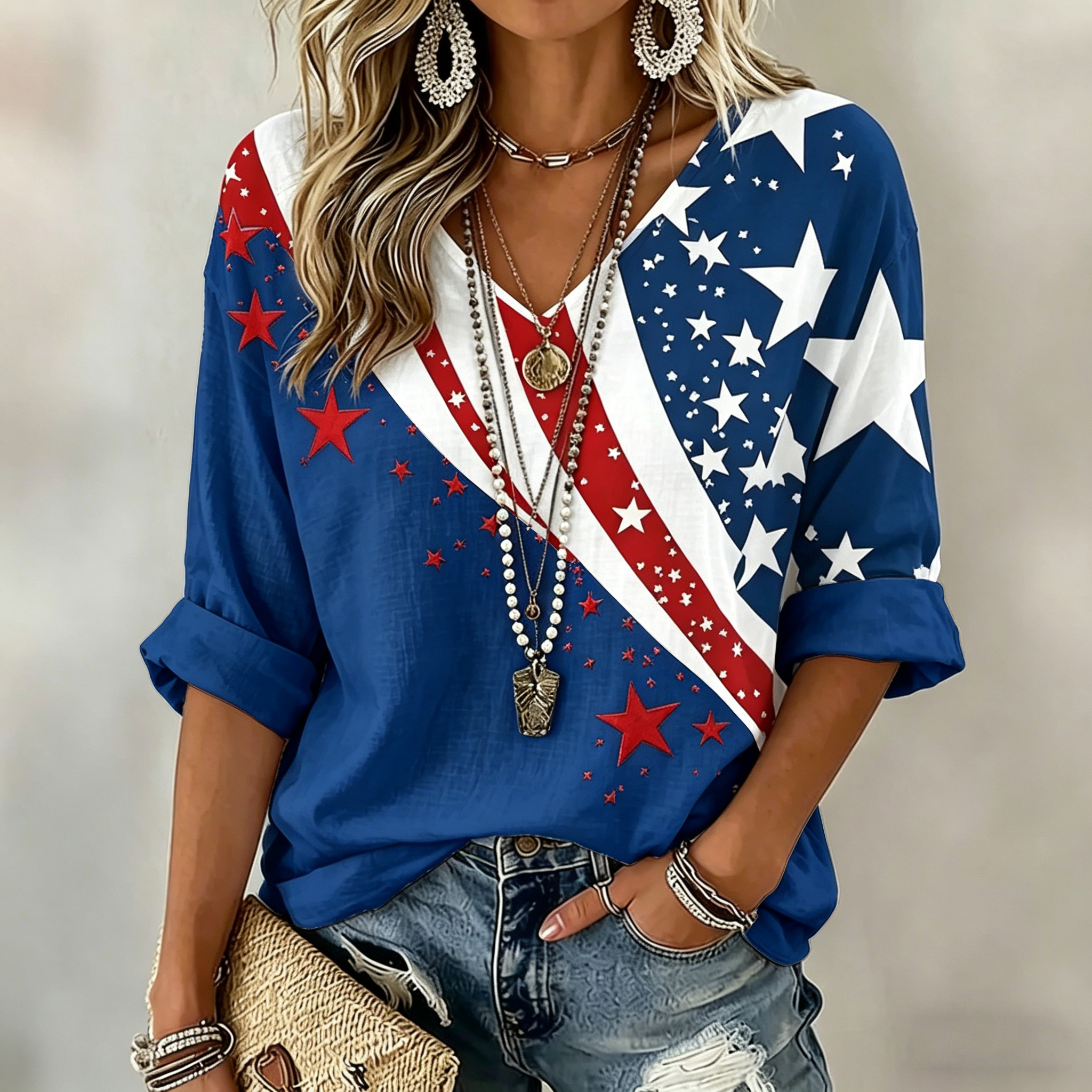 Women's  Flag Art Three-quarter Sleeve V Neck Linen Tops-America250