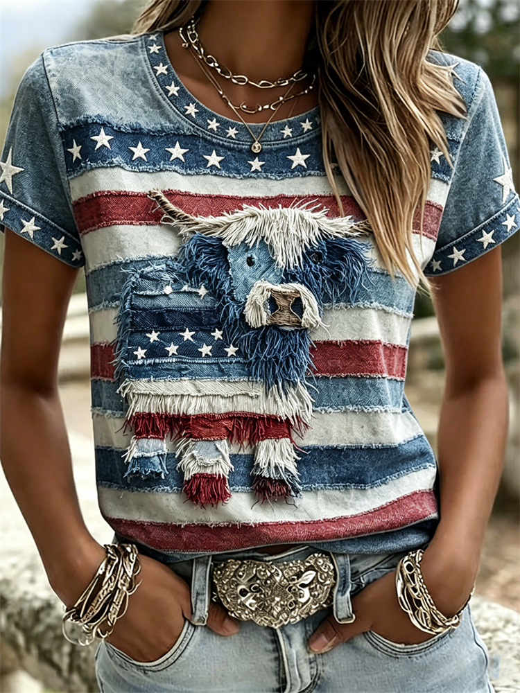 Fuzzy Highland Cow Stars & Stripes Patchwork T Shirt-America250
