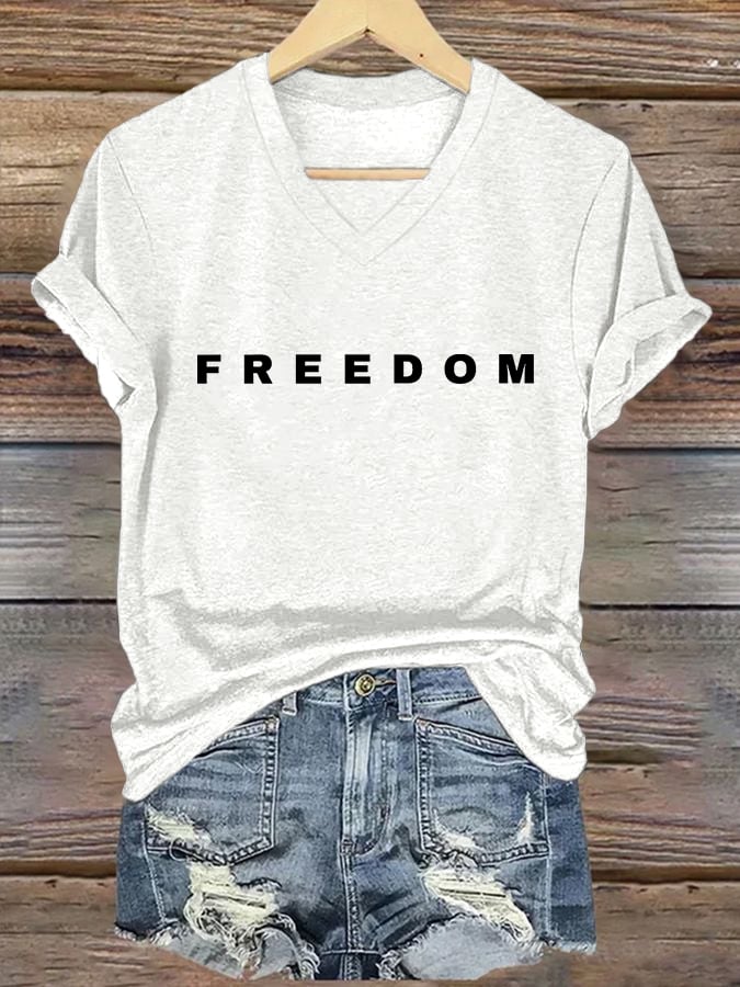 Women's Freedom Print V Neck T-shirt-America250
