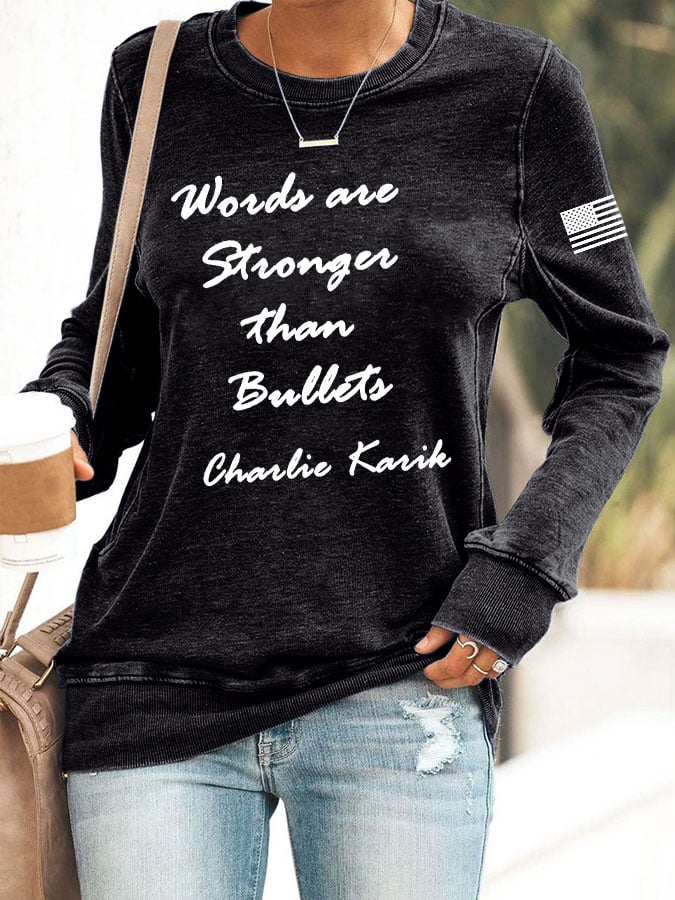 Women's Words Are Stronger Than Bullets Print Round Neck Sweatshirt-America250