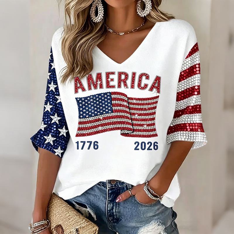 Women's Flag Art Three-quarter Sleeve V Neck Linen Tops-America250