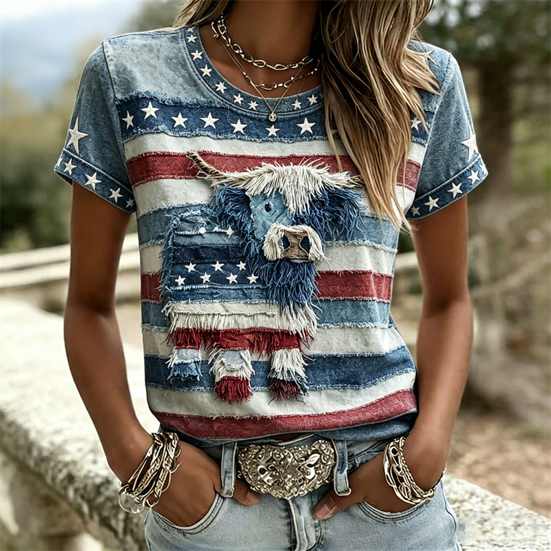 Fuzzy Highland Cow Stars & Stripes Patchwork T Shirt-America250