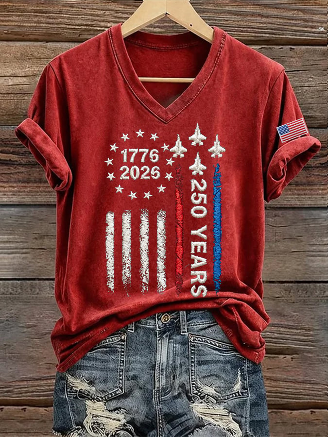 Women's 250 Years Of Freedom Print V Neck T-shirt-America250