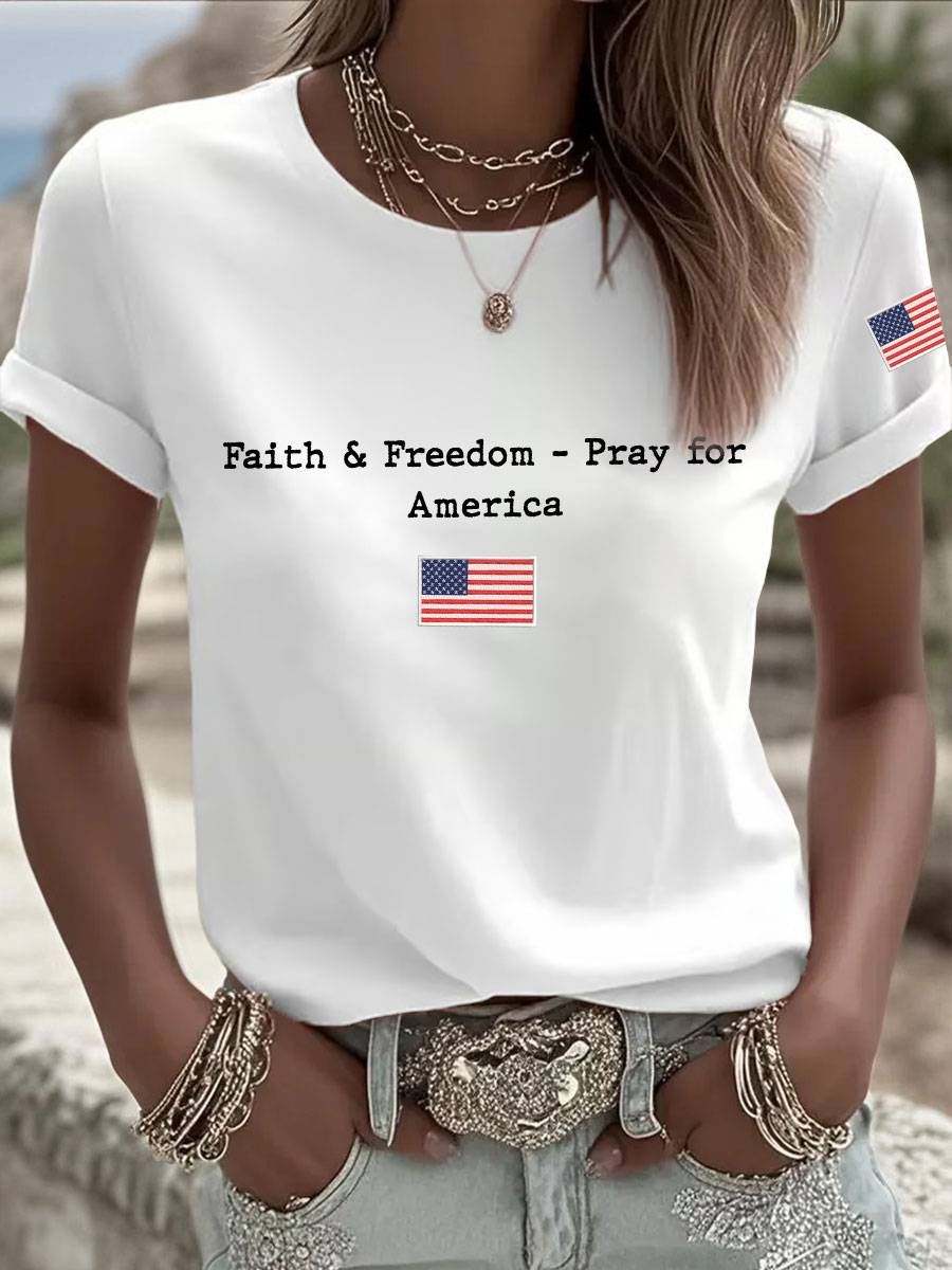 Women's Faith & Freedom Pray for America Printed Casual T-shirt-America250