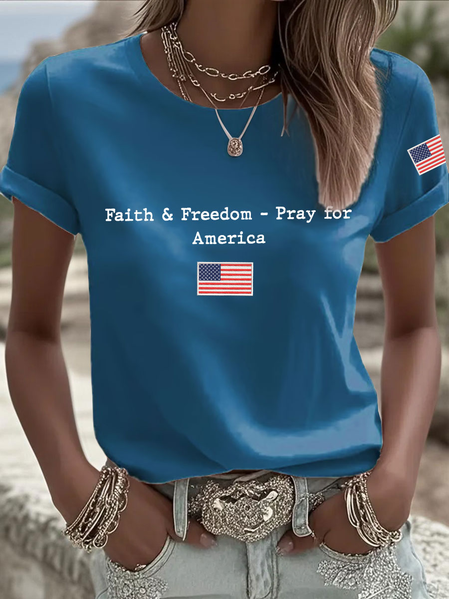 Women's Faith & Freedom Pray for America Printed Casual T-shirt-America250