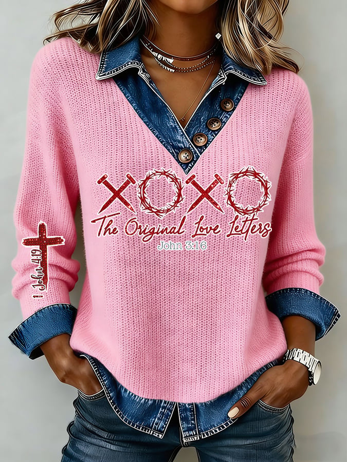 Women's Valentine's Day Faith Comfortable V-neck Four-button Collar Sweatshirt-America250
