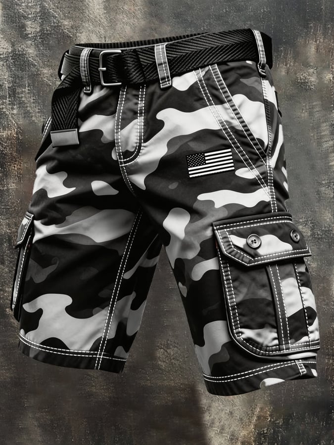 Men's Retro Camo Distressed Pocket Cargo Shorts (Belt Not Included)-America250