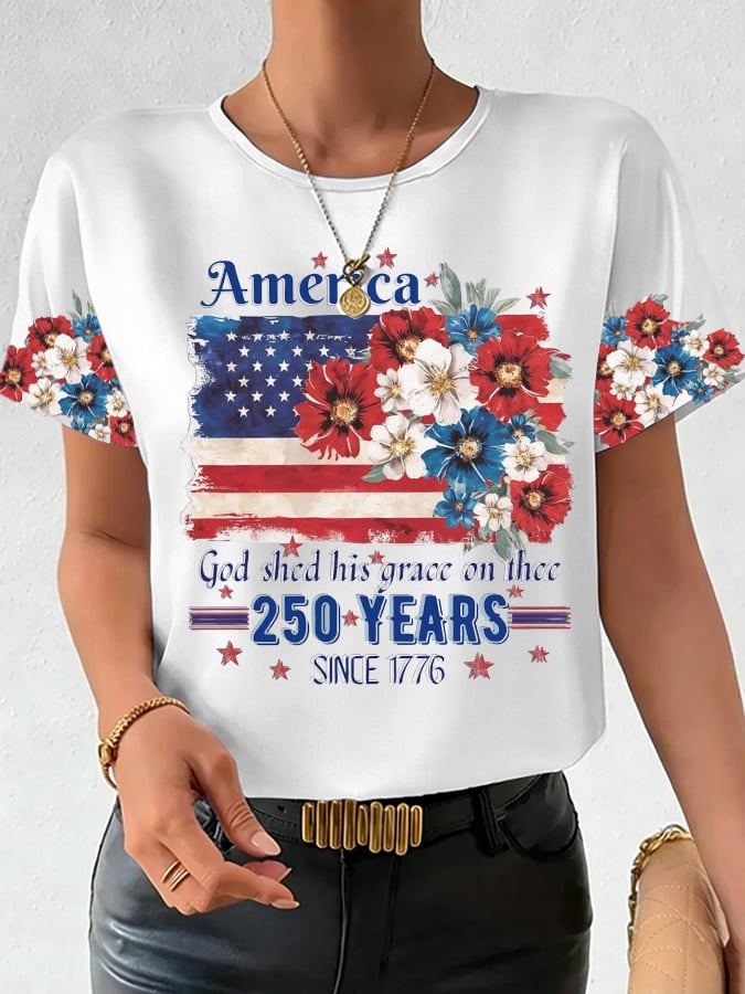 Women's 250th Anniversary National Flag Floral Print Casual T-Shirt-America250