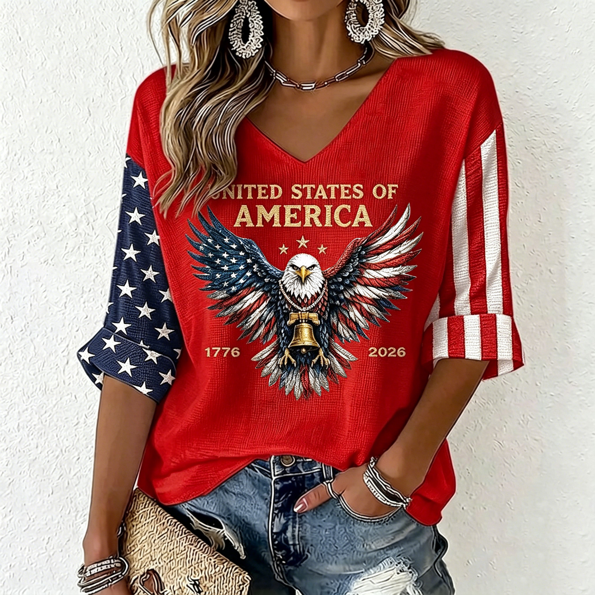 Women's Vintage Flag Art Three-quarter Sleeve V Neck Linen Tops-America250